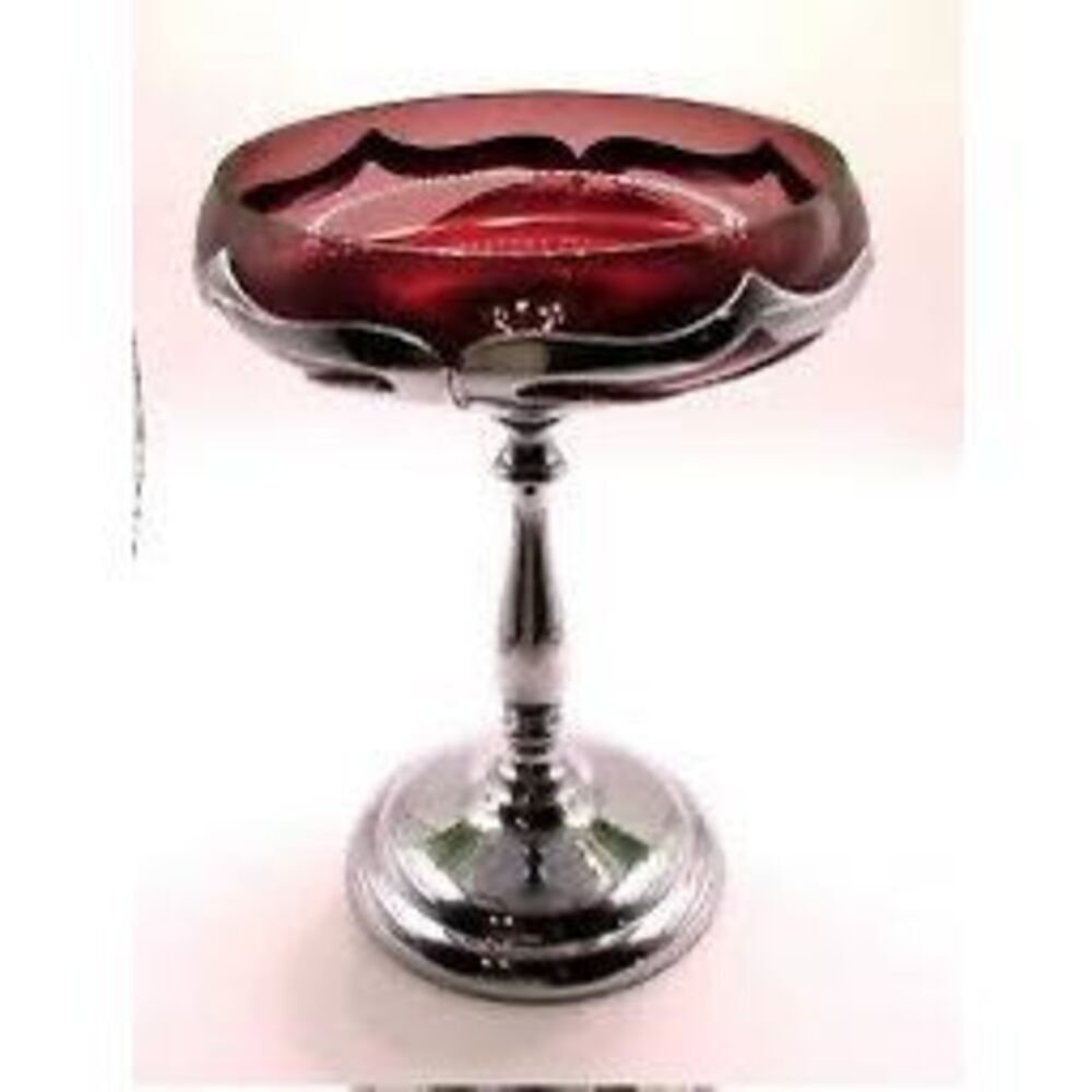 Vintage Farber Bros New York Art Deco Chrome Compote Amethyst Glass Dish 7.5" H
